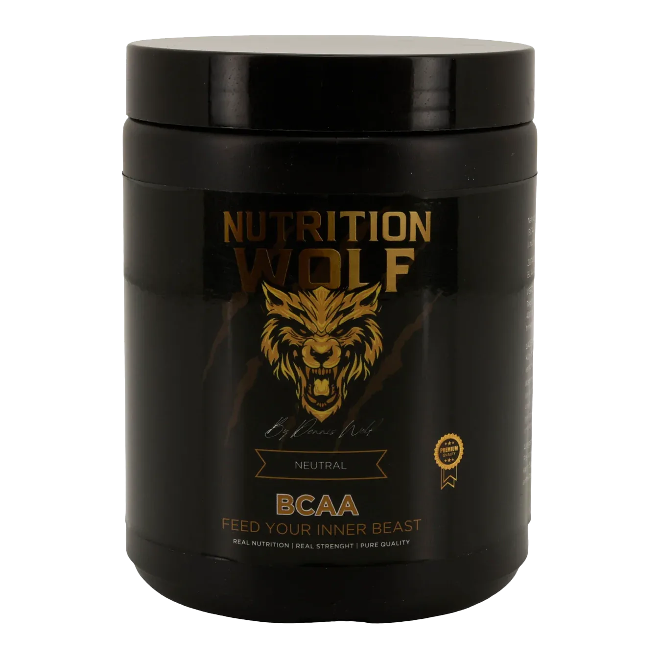 Ein schwarzer Behälter des Nahrungsergänzungsmittels Nutrition Wolf BCAA mit einem goldenen Wolfslogo, dem Schriftzug 