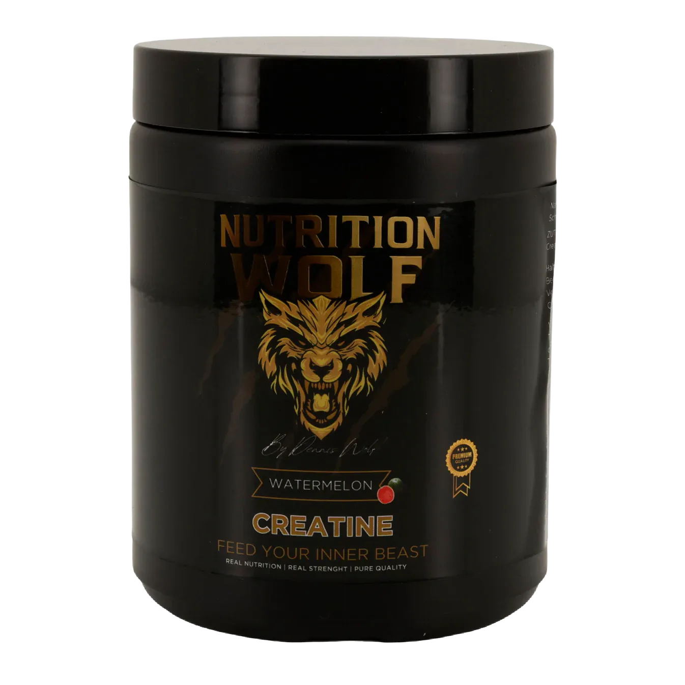 Ein schwarzer Behälter mit Nutrition Wolf Creatine in der Geschmacksrichtung Wassermelone, mit einem goldenen Wolfslogo, fetten Buchstaben und dem Slogan Feed Your Inner Beast auf dem Etikett.