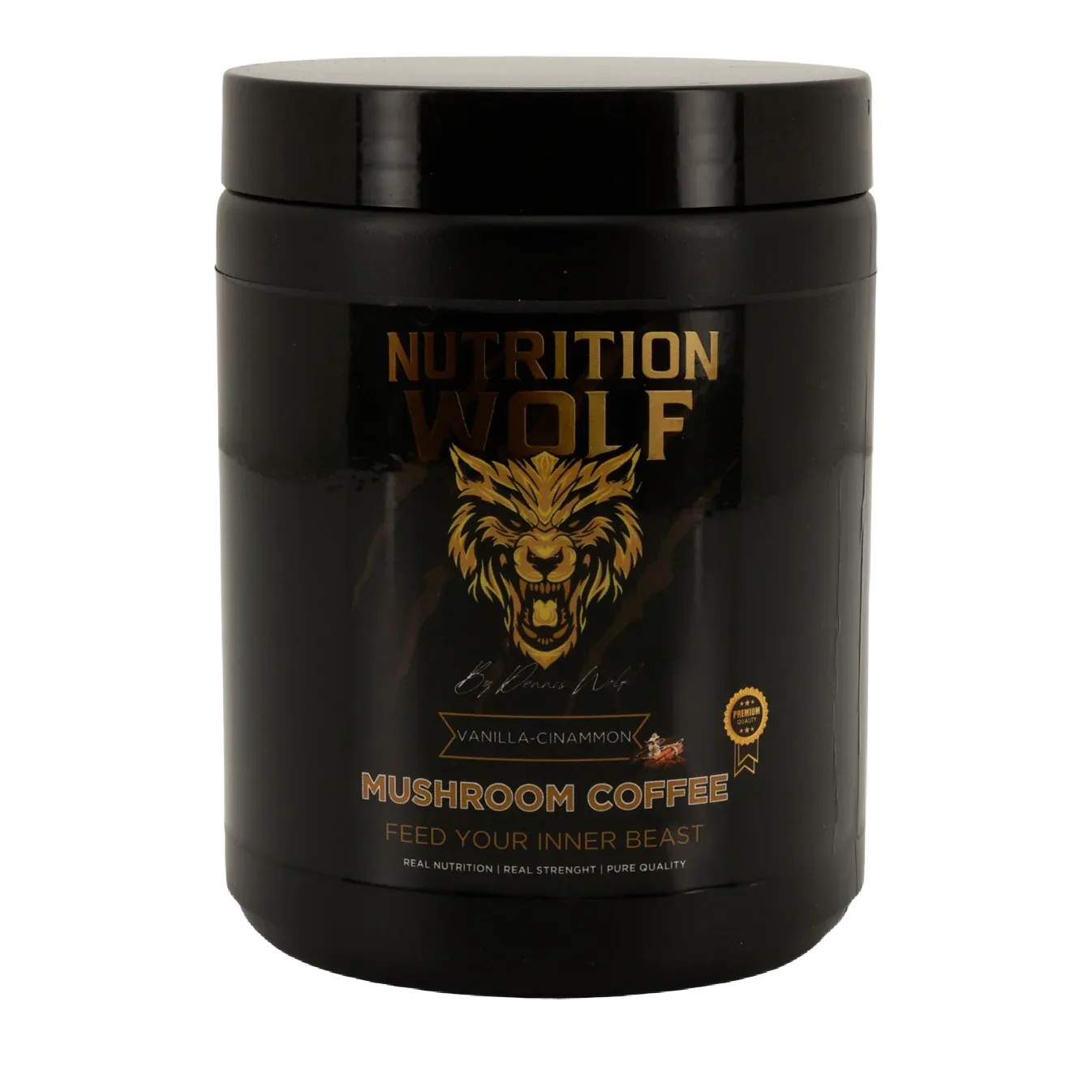 Ein schwarzer Behälter mit Nutrition Wolf Mushroom Coffee in der Geschmacksrichtung Vanille-Zimt, mit einem goldenen Wolfslogo und dem Text 