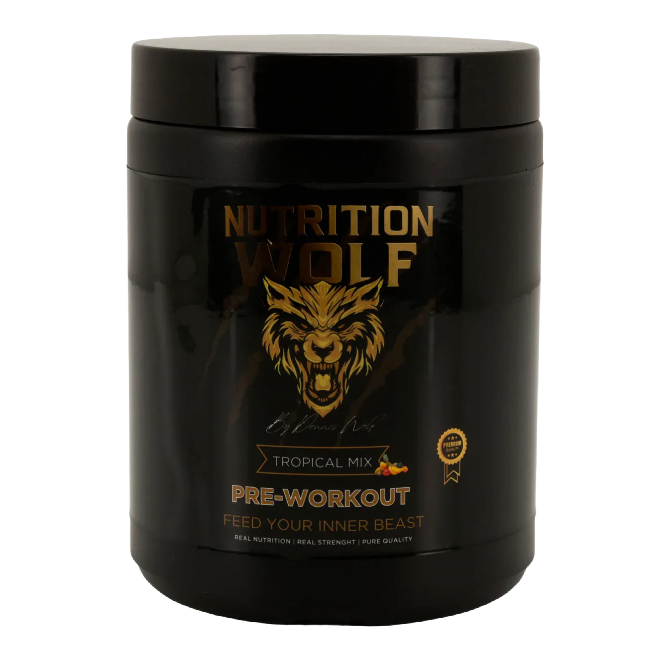Ein schwarzer Behälter mit Nutrition Wolf Tropical Mix Pre-Workout-Pulver, mit einem wilden Wolfslogo und goldenem Text. Auf dem Etikett steht 