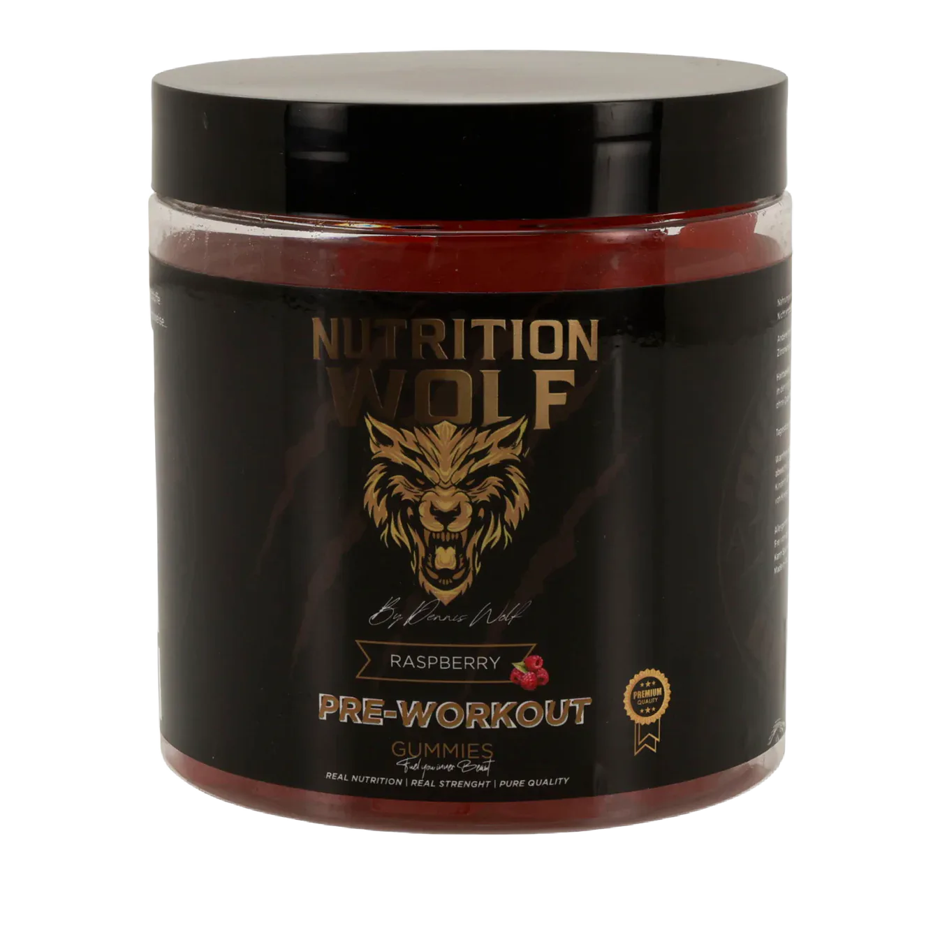 Ein schwarzer Behälter mit Nutrition Wolf Pre-Workout Gummies, Himbeergeschmack, mit einem goldenen Wolfslogo und Etikettentext auf der Vorderseite. Der Behälter ist mit roten Gummibärchen gefüllt.