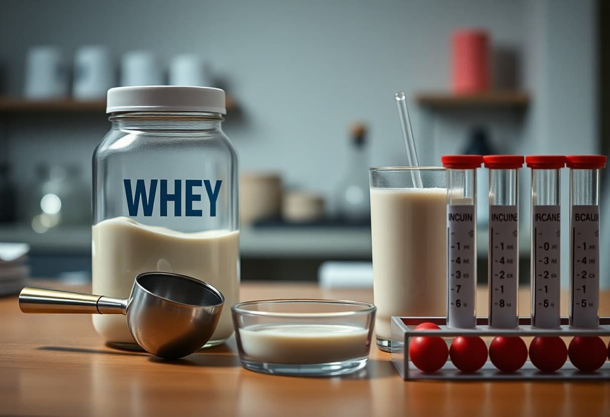 Ein Glas mit der Aufschrift Whey, eine Schaufel, eine kleine Schüssel und ein Glas mit einem cremigen Pulver stehen auf einem Tisch, daneben Reagenzgläser mit roten Deckeln, auf denen Nährwertangaben stehen.