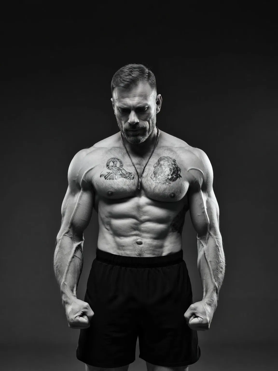 Ein muskulöser Mann mit Tätowierungen auf der Brust steht ohne Hemd in schwarzen Shorts, ballt die Fäuste und blickt nach unten. Das Bild ist in Schwarz-Weiß mit einem dunklen Hintergrund gehalten.