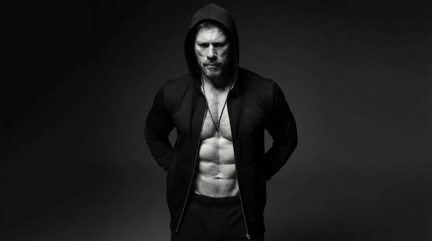 Ein muskulöser Mann in einer Kapuzenjacke steht vor einem dunklen Hintergrund, die Hände hinter dem Rücken verschränkt, und zeigt einen definierten, hemdlosen Oberkörper. Das Bild ist schwarz-weiß und hebt seinen Körperbau hervor.