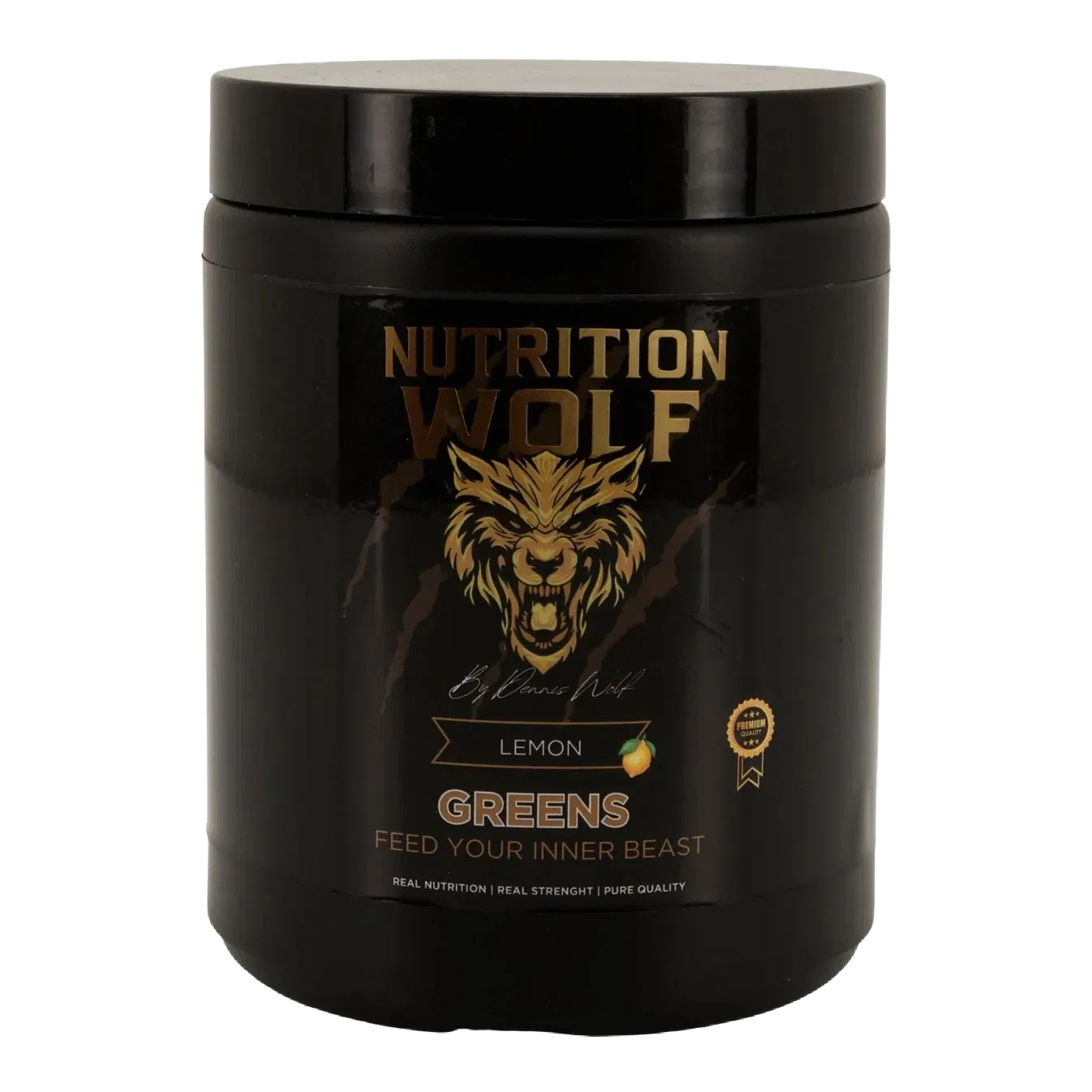 Ein schwarzer Behälter mit Nutrition Wolf Greens Pulver, Zitronengeschmack, mit einem goldenen Wolfslogo und dem Text Feed Your Inner Beast auf dem Etikett.