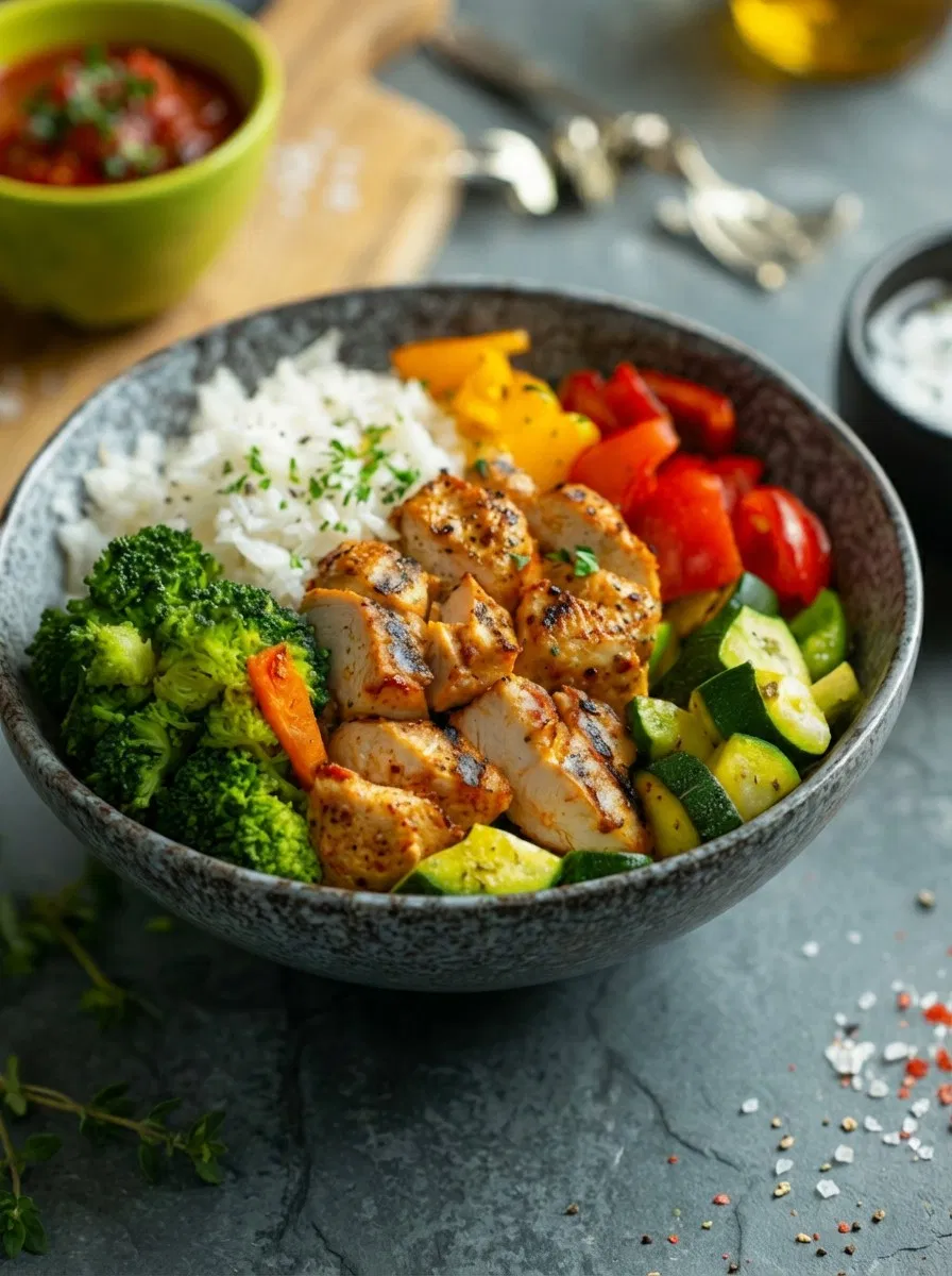 Eine Schüssel mit gegrillten Hähnchenteilen, gedünstetem Brokkoli, weißem Reis, gehackten gelben und roten Paprikaschoten, Kirschtomaten und Zucchinischeiben, die in Abschnitten auf einem grauen Tisch angeordnet sind.