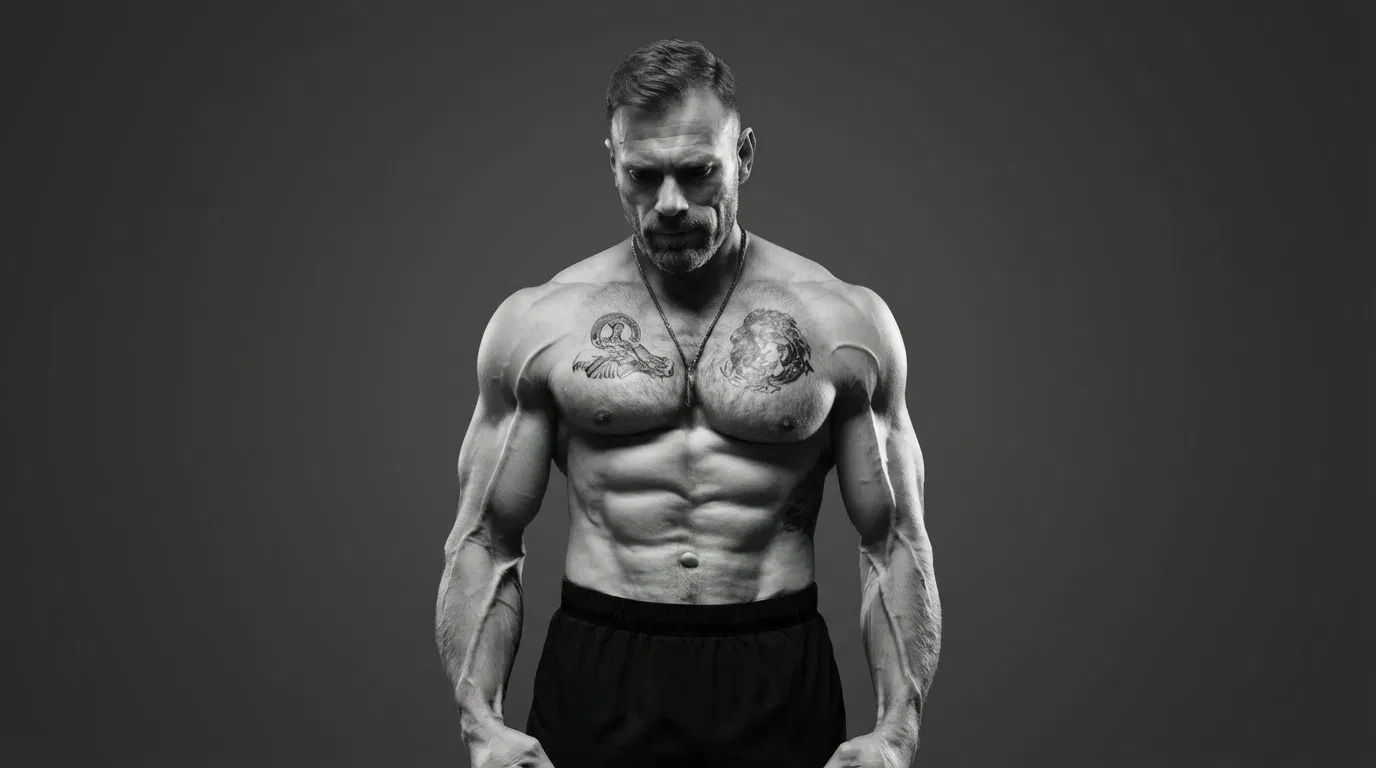 Ein muskulöser, hemdloser Mann mit Tätowierungen auf der Brust steht vor einem schlichten, dunklen Hintergrund und blickt mit angewinkelten Armen nach unten. Er trägt dunkle Shorts. Das Bild ist in schwarz-weiß gehalten.