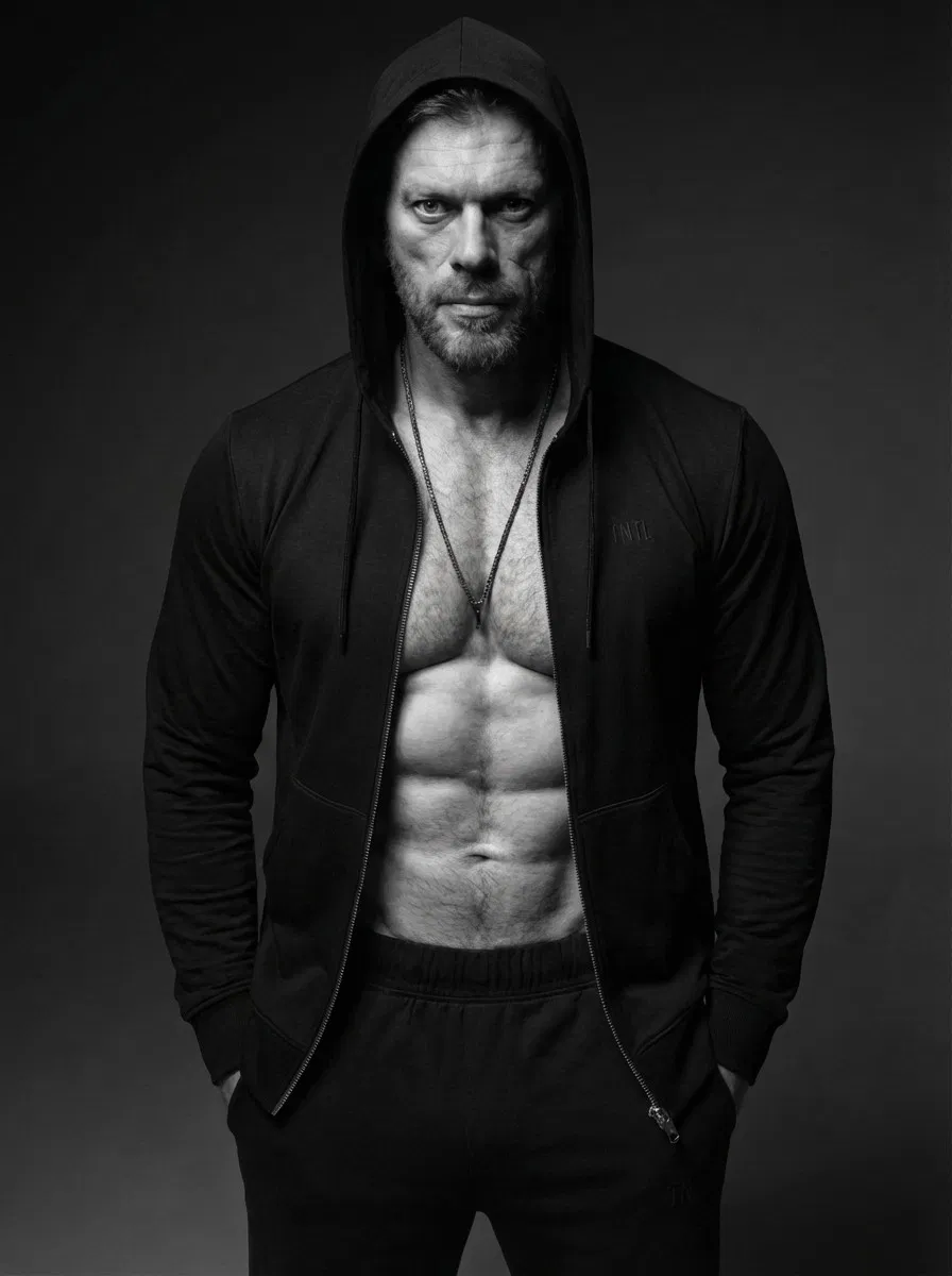 Ein muskulöser Mann, der eine Kapuzenjacke trägt, deren Reißverschluss geöffnet ist, so dass seine straffe Brust und seine Bauchmuskeln zum Vorschein kommen, steht mit den Händen in den Taschen da und blickt auf einem Schwarz-Weiß-Foto intensiv in die Kamera.