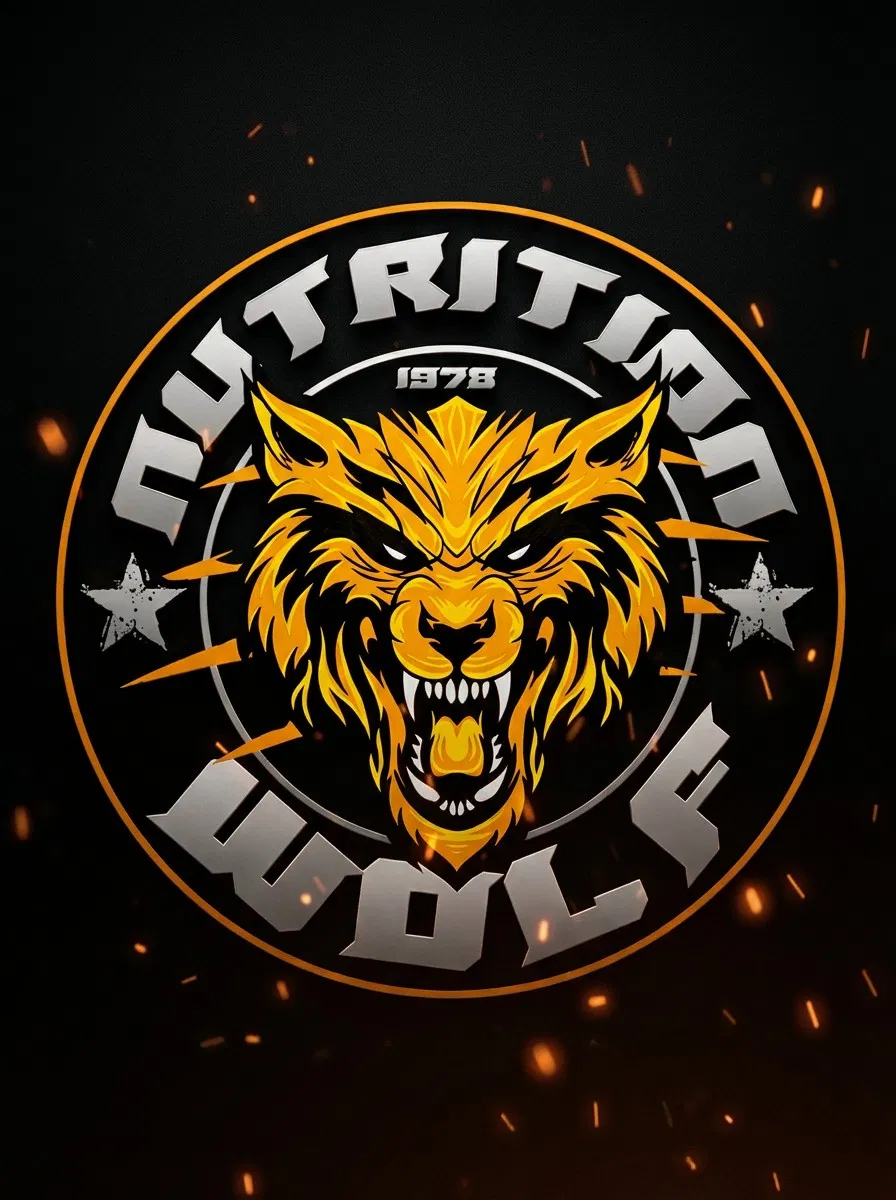 Ein kühnes Logo mit einem wilden, stilisierten gelben Wolfskopf mit scharfen Zähnen auf einem schwarzen kreisförmigen Hintergrund. Der Text Nutrition Wolf und 1978 erscheint in Silber, mit zwei Sternen auf beiden Seiten. Orangefarbene Funken umgeben das Logo.