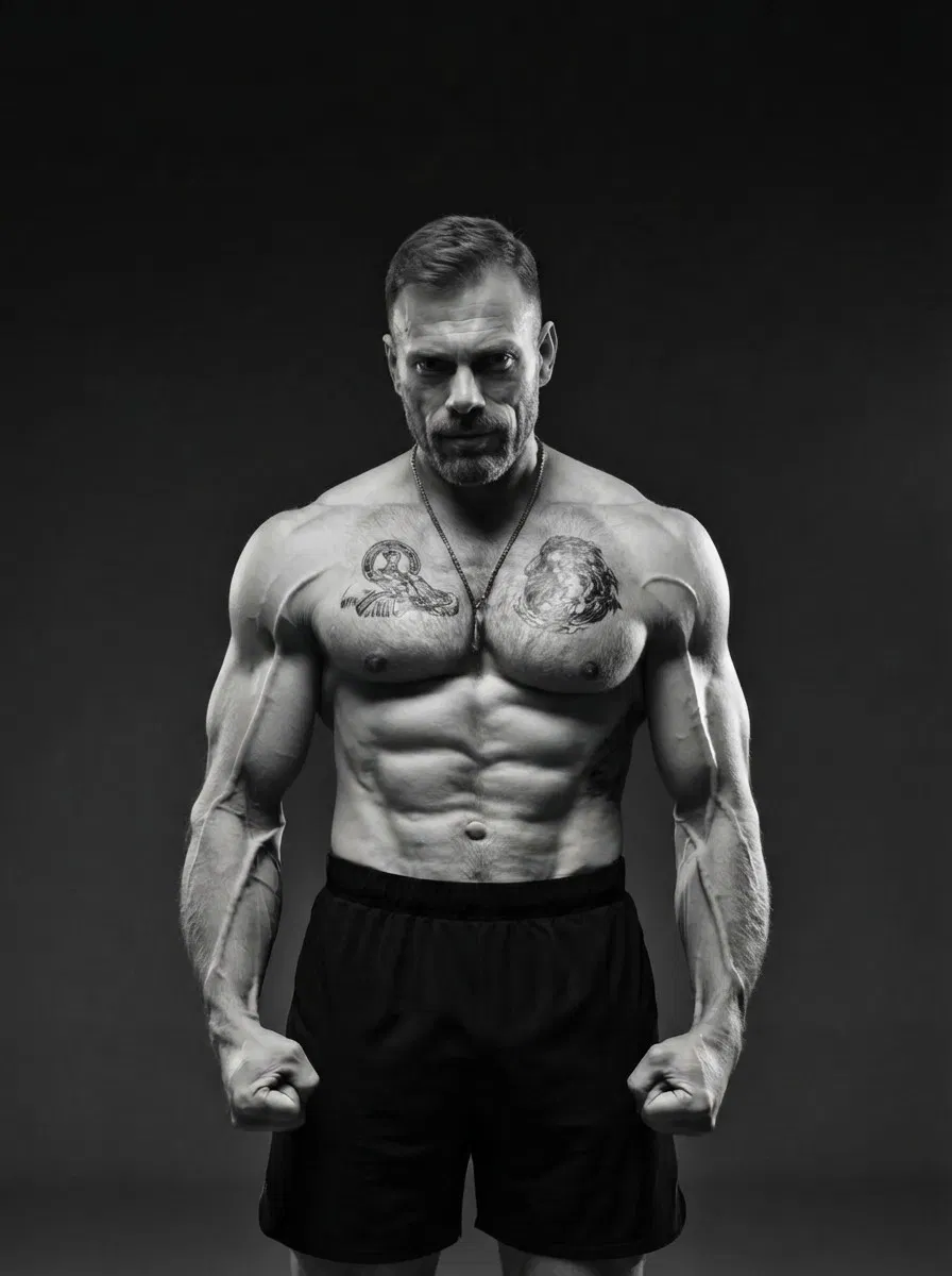 Ein muskulöser, hemdsärmeliger Mann mit Tätowierungen auf der Brust steht mit geballten Fäusten und dunklen Shorts mit dem Gesicht nach vorne. Das Bild ist in Schwarz-Weiß mit einem dunklen Hintergrund gehalten.