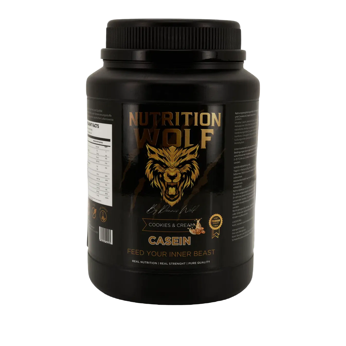 Ein schwarzer Behälter mit Nutrition Wolf Casein-Proteinpulver in der Geschmacksrichtung Cookies & Cream, mit einem wilden Wolfslogo und goldenem Text, der lautet: 