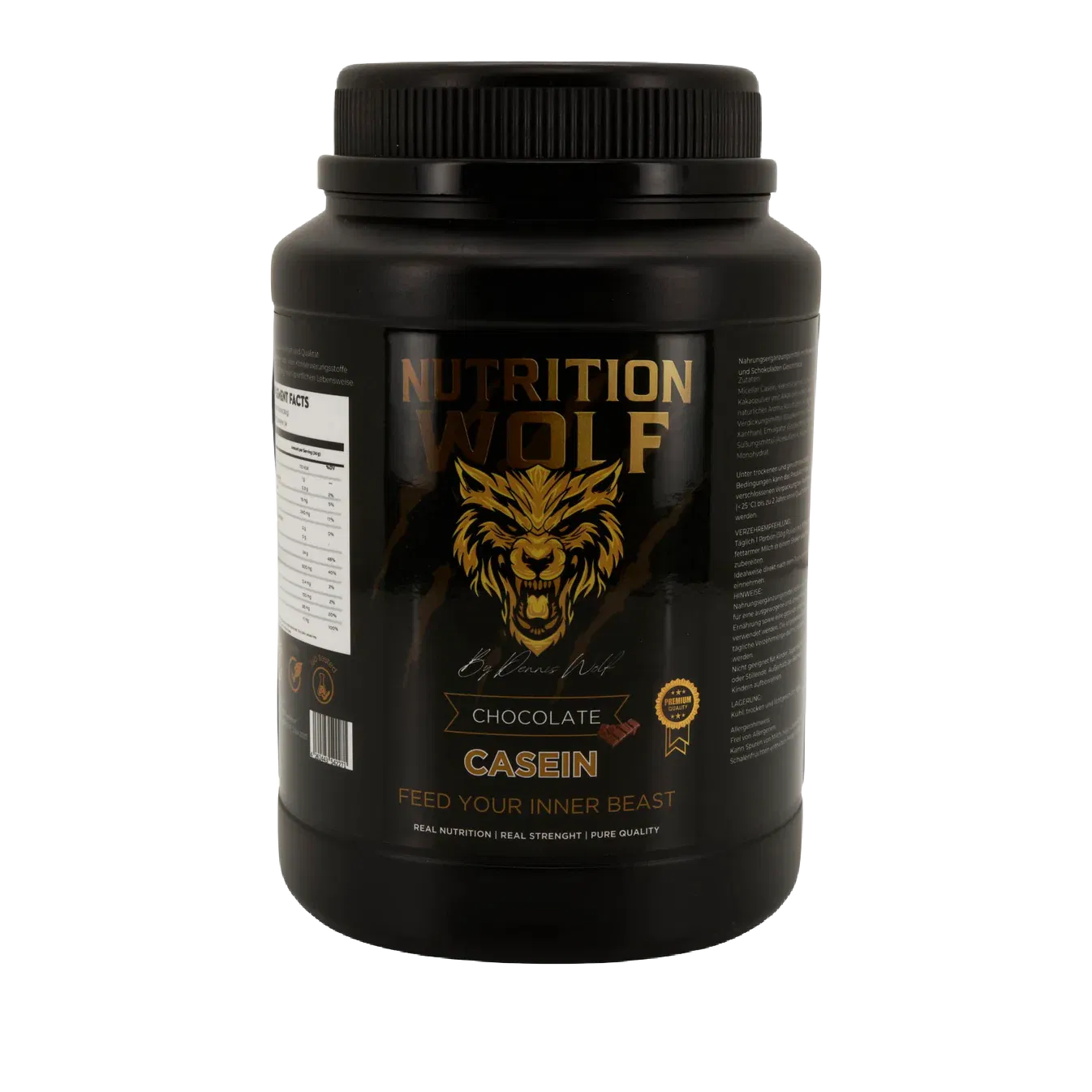 Ein schwarzer Behälter mit Nutrition Wolf Chocolate Casein Proteinpulver mit einem goldenen Wolfslogo und dem Text 