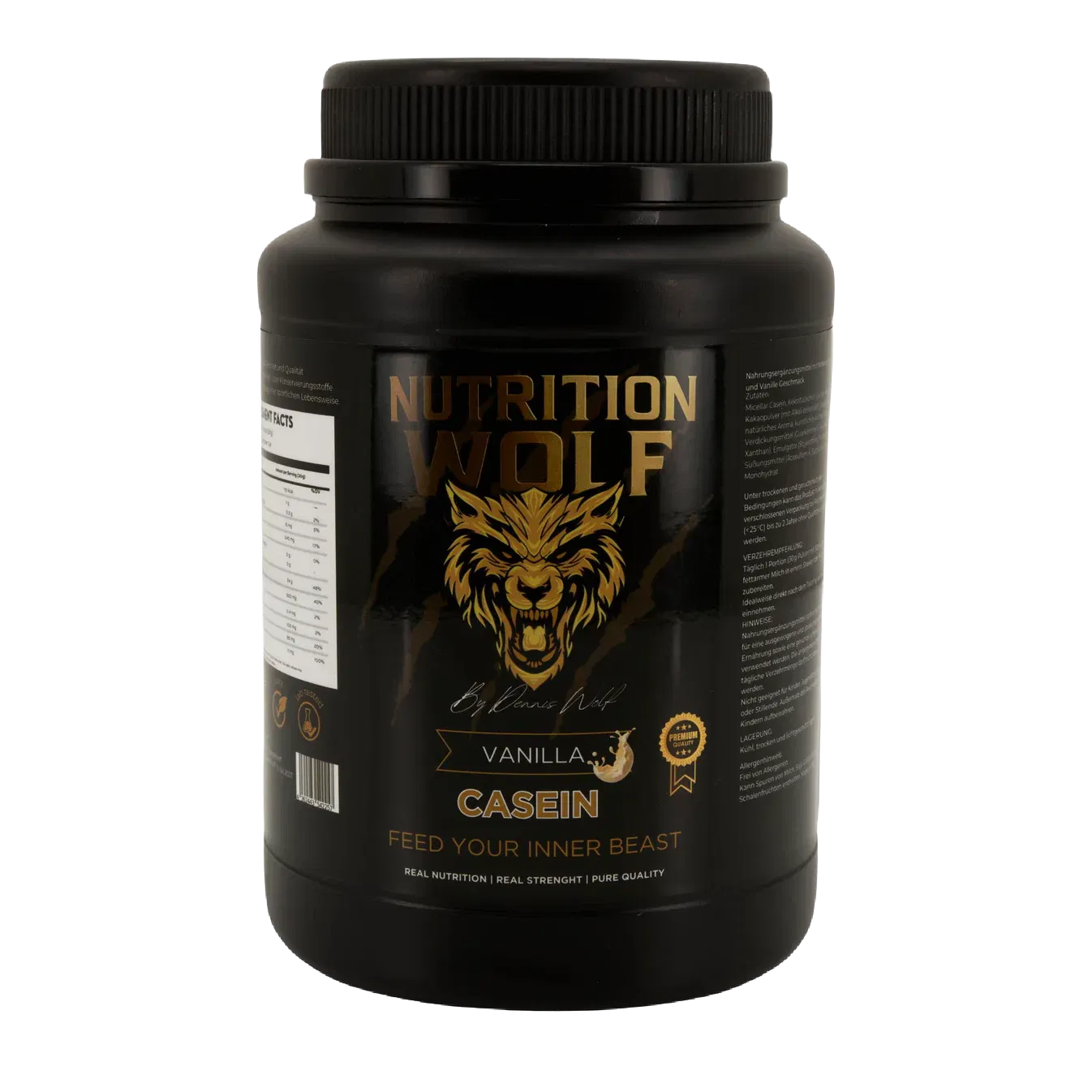 Ein schwarzer Behälter mit Nutrition Wolf Vanilla Casein Proteinpulver mit einem goldenen Wolfslogo und Text sowie einem Etikett mit Nährwertangaben auf der linken Seite des Behälters.