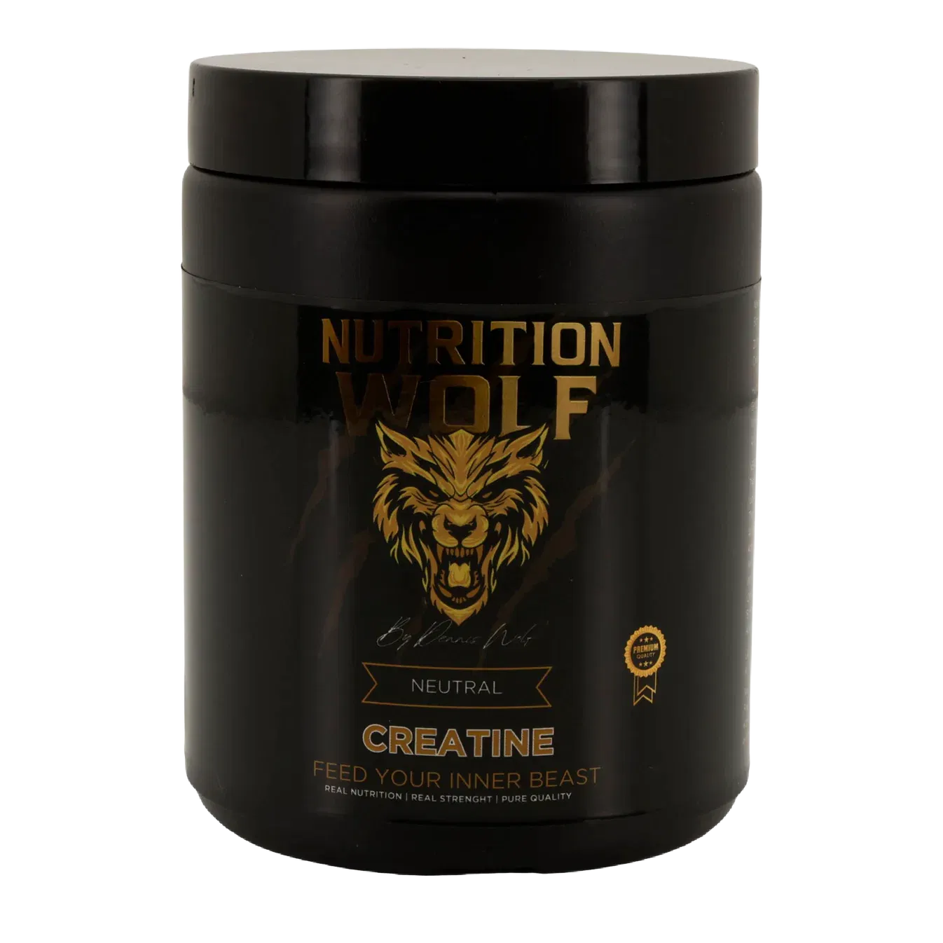 Ein schwarzer Behälter mit Nutrition Wolf Creatine mit einem goldenen Wolfslogo und dem Text Feed Your Inner Beast auf dem Etikett, mit einer neutralen Geschmacksmarkierung.