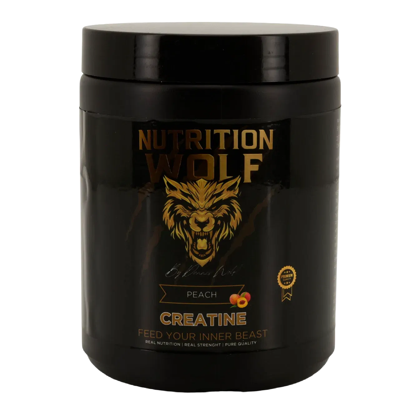 Ein schwarzer Behälter mit Nutrition Wolf Peach Creatine-Pulver, der ein goldenes Wolfslogo und einen Text mit einer kleinen Pfirsichgrafik aufweist. Auf dem Etikett steht 