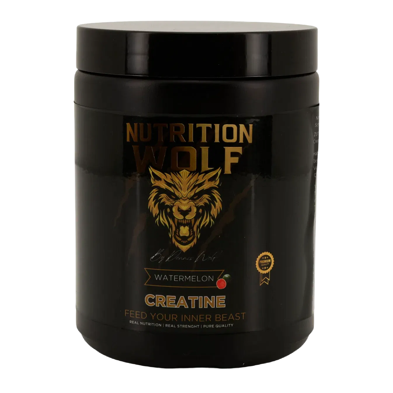 Ein schwarzer Behälter mit Nutrition Wolf Creatine in der Geschmacksrichtung Wassermelone, mit einem goldenen Wolfslogo, fetten Buchstaben und dem Slogan Feed Your Inner Beast auf dem Etikett.