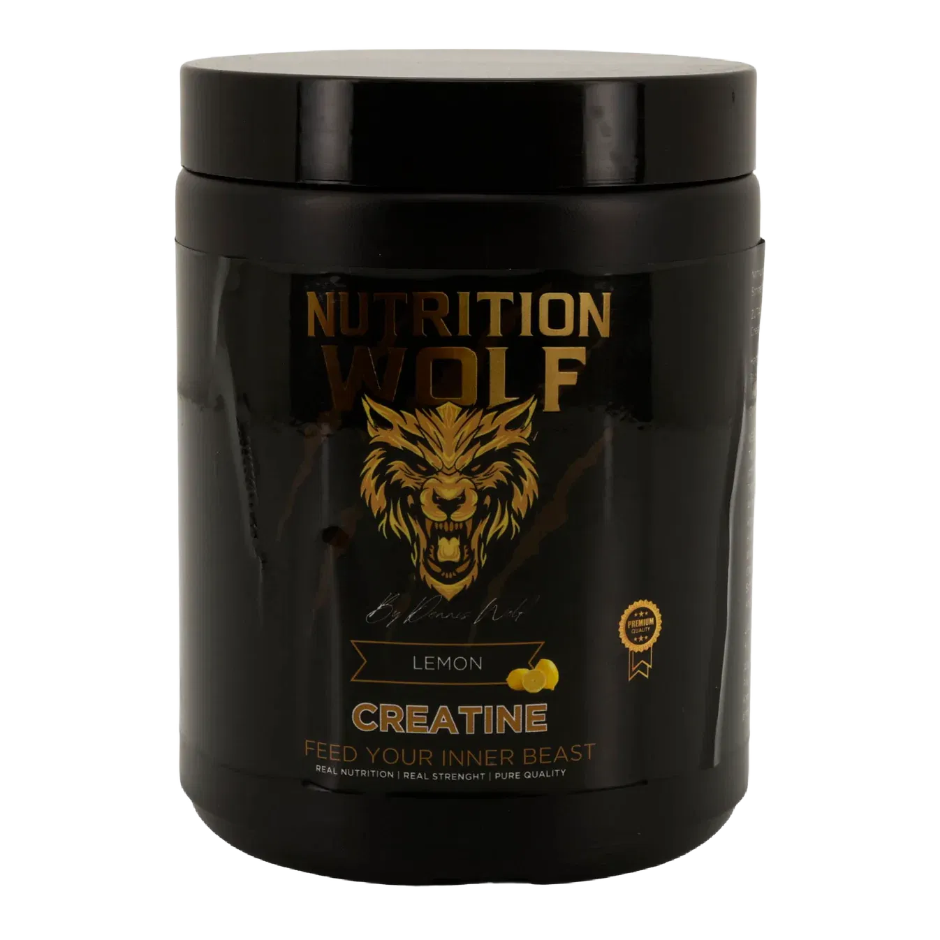 Ein schwarzer Behälter mit einem Etikett.