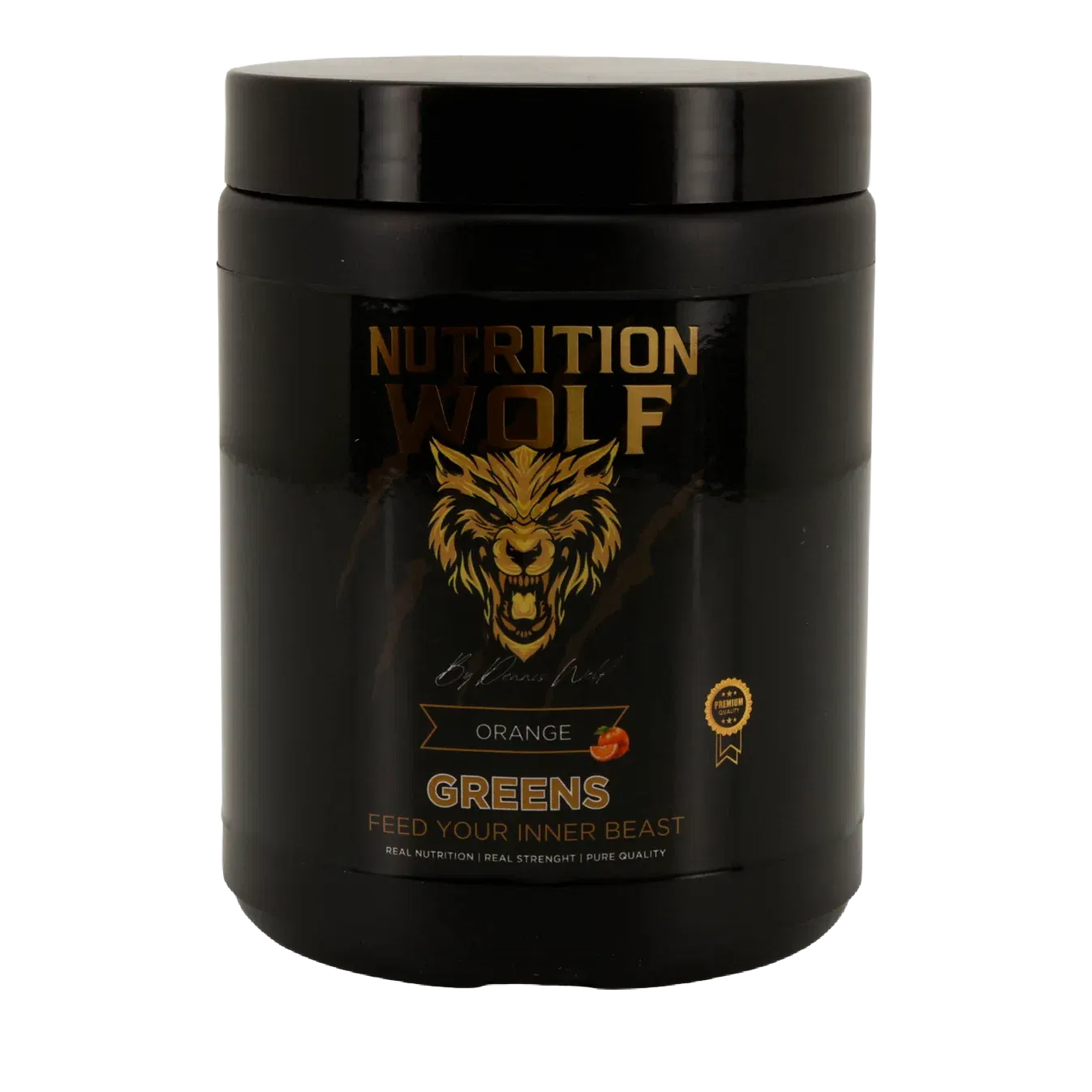 Ein schwarzer Behälter mit der Aufschrift Nutrition Wolf mit einem grimmigen Wolfslogo, mit Orange Greens und dem Slogan Feed Your Inner Beast. Der Behälter hat goldene und orangefarbene Akzente.