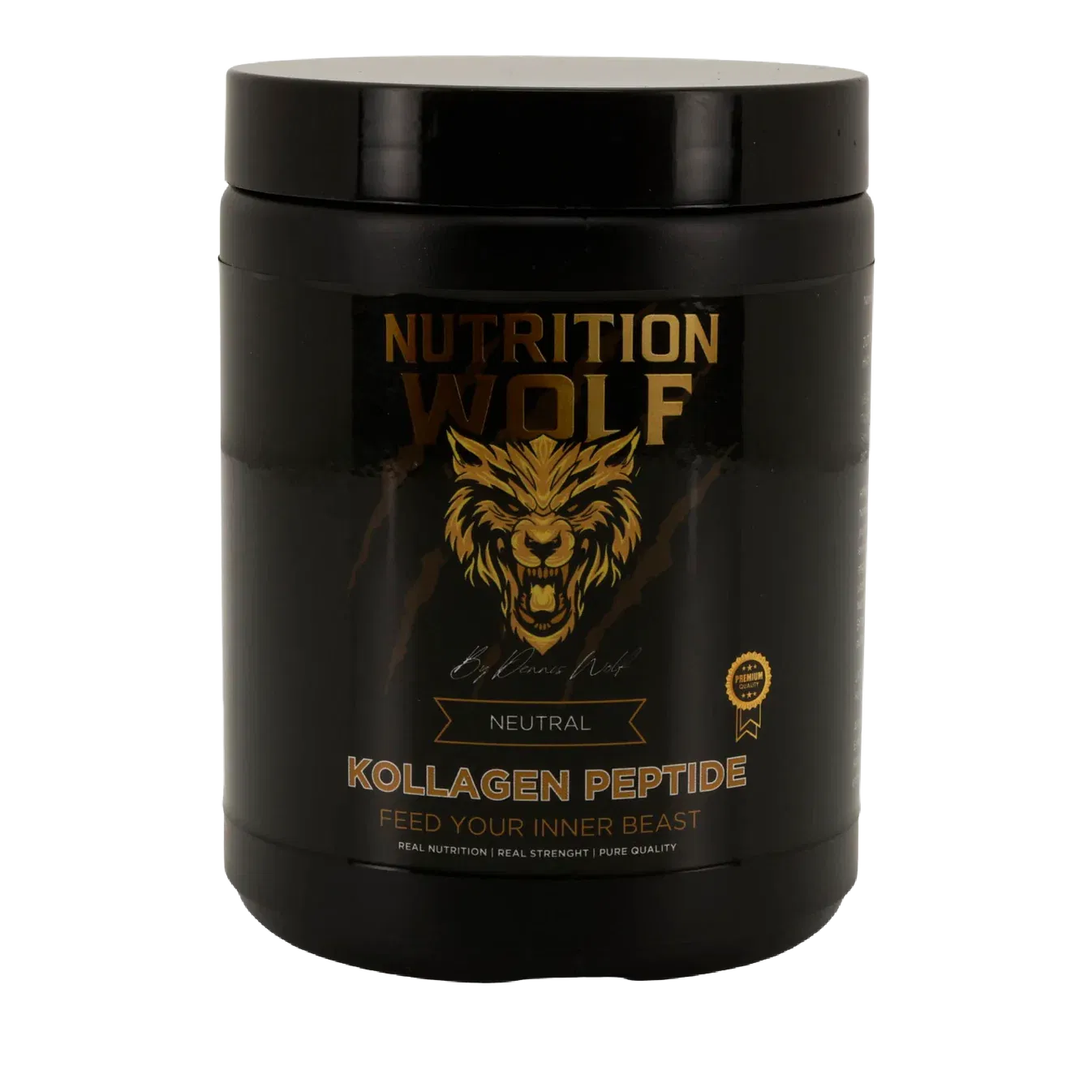 Ein schwarzer Behälter des Nahrungsergänzungsmittels Wolf Kollagen Peptide, mit einem goldenen Wolfslogo und Text, mit dem Etikett mit der Angabe des neutralen Geschmacks und dem Slogan Feed Your Inner Beast.