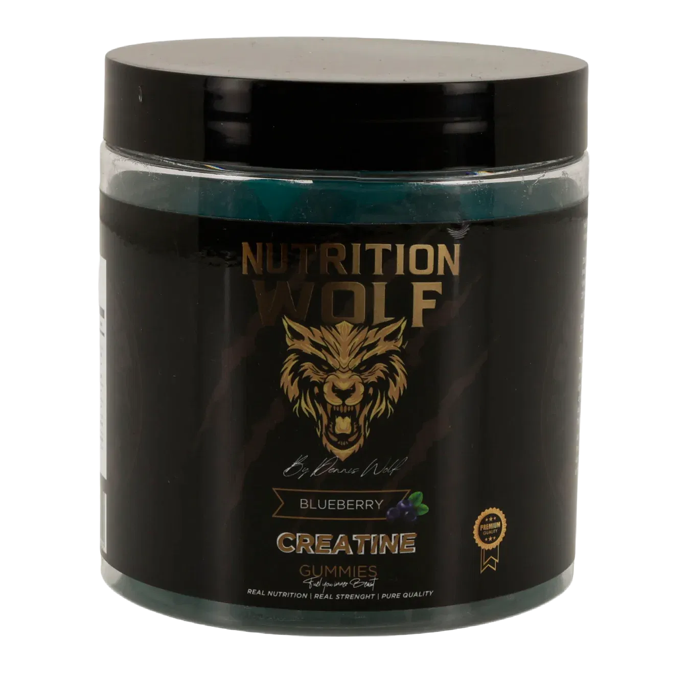 Ein schwarzer Behälter mit der Aufschrift Nutrition Wolf enthält Kreatin-Gummis mit Blaubeergeschmack. Die Dose ist mit einem goldenen Wolfslogo, einem schwarzen Deckel und einem Text versehen, der echte Ernährung, Kraft und reine Qualität betont.