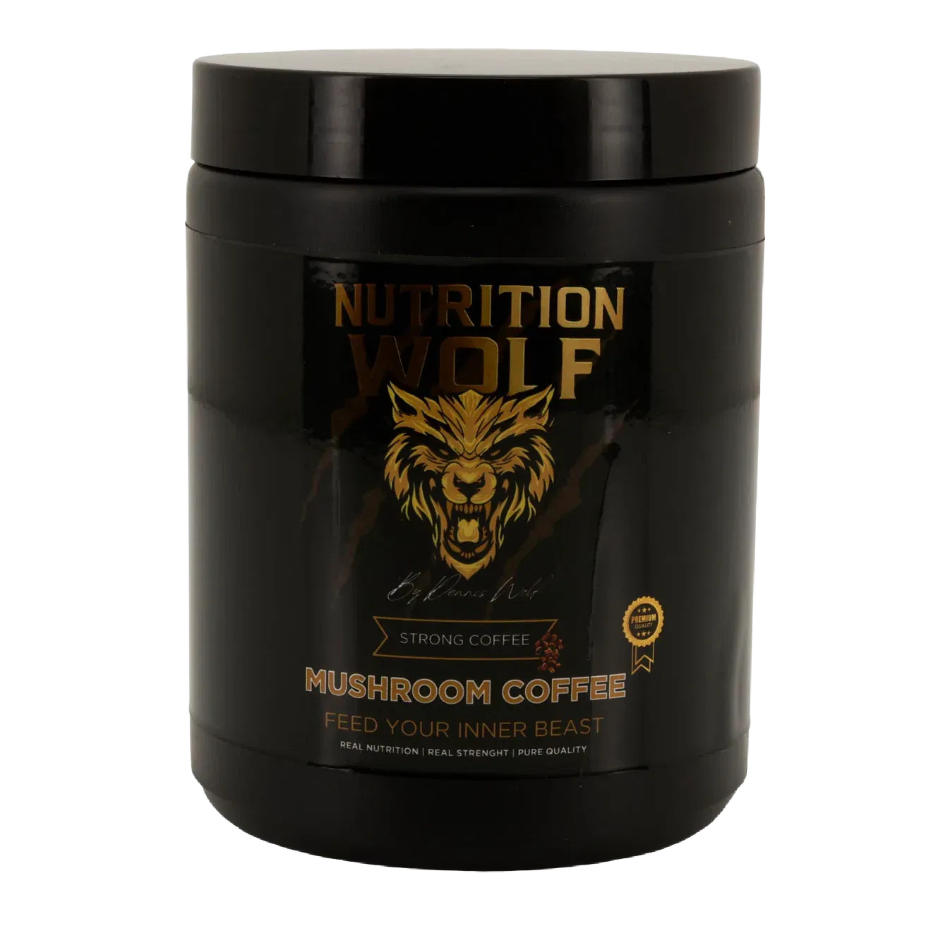Ein schwarzer Behälter mit Nutrition Wolf Mushroom Coffee zeigt ein goldenes Wolfslogo und den Text Feed Your Inner Beast auf dem vorderen Etikett. Der Behälter hat einen schwarzen Deckel und eine fette, goldene und weiße Beschriftung.