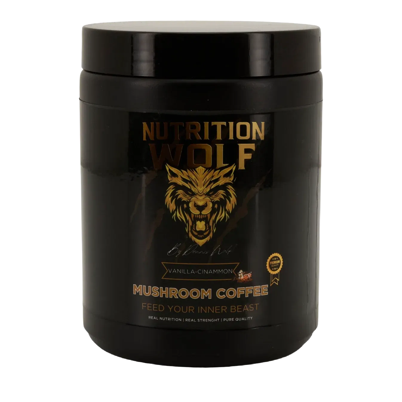 Ein schwarzer Behälter mit Nutrition Wolf Mushroom Coffee in der Geschmacksrichtung Vanille-Zimt, mit einem goldenen Wolfslogo und dem Text 