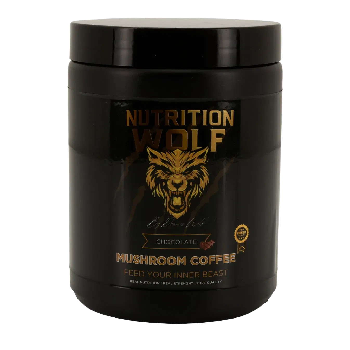 Eine schwarze Dose Nutrition Wolf Chocolate Mushroom Coffee mit einem goldenen Wolfslogo und Text, mit dem Slogan Feed Your Inner Beast und einem Siegel, das auf Premiumqualität hinweist.