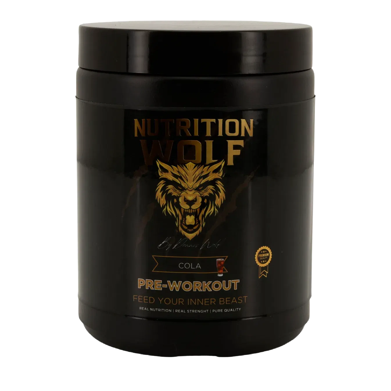 Schwarzer Behälter mit Nutrition Wolf Pre-Workout-Pulver, Cola-Geschmack, mit einem goldenen Wolfslogo und dem Text Feed Your Inner Beast auf dem Etikett. Die Verpackung unterstreicht Stärke und Qualität.