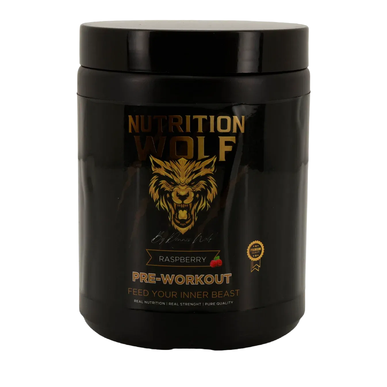 Ein schwarzer Behälter mit Nutrition Wolf Pre-Workout Supplement, Himbeergeschmack, mit einem goldenen Wolfslogo und Text. Das Etikett trägt die Aufschrift Feed Your Inner Beast und zeigt eine kleine Himbeergrafik.