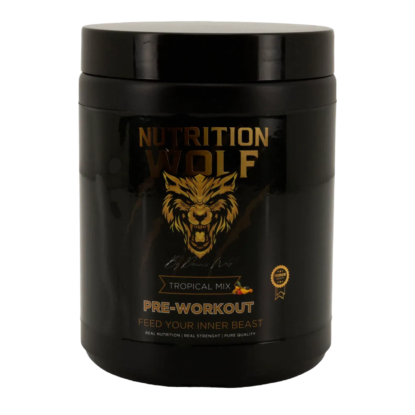 Ein schwarzer Behälter mit Nutrition Wolf Tropical Mix Pre-Workout-Pulver, mit einem wilden Wolfslogo und goldenem Text. Auf dem Etikett steht 