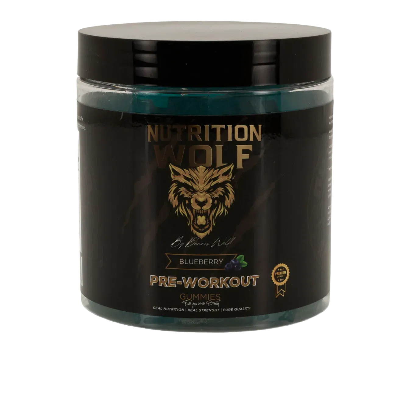 Eine Dose Nutrition Wolf Blueberry Pre-Workout Gummies mit einem schwarzen Etikett mit einem Wolfslogo und goldenem Text, dargestellt vor einem schlichten Hintergrund.