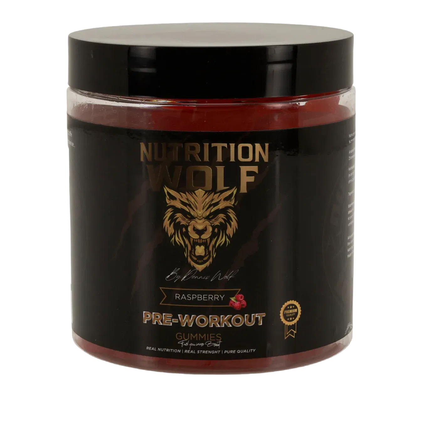 Ein schwarzer Behälter mit Nutrition Wolf Pre-Workout Gummies, Himbeergeschmack, mit einem goldenen Wolfslogo und Etikettentext auf der Vorderseite. Der Behälter ist mit roten Gummibärchen gefüllt.