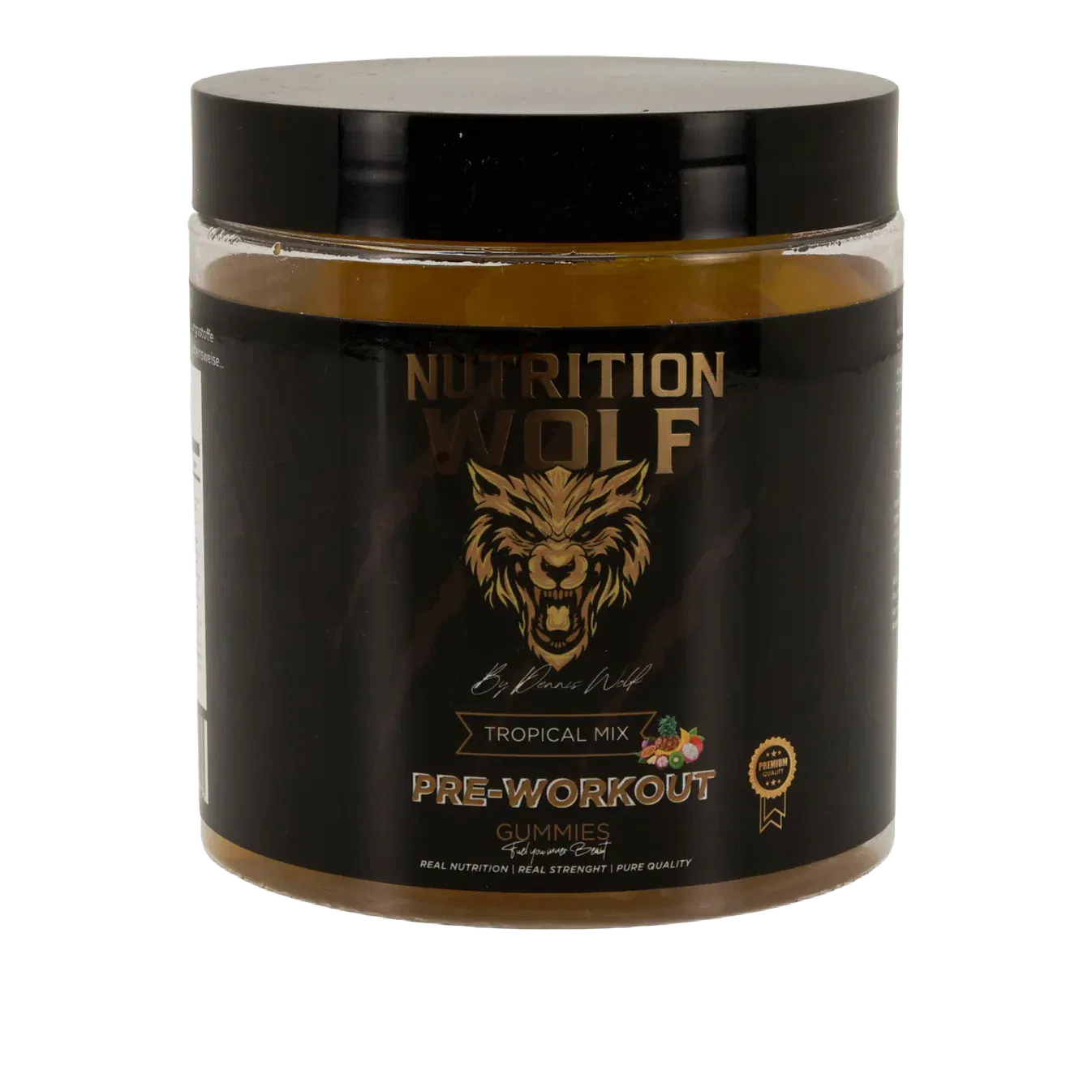 Ein schwarzer Behälter mit Nutrition Wolf Pre-Workout Gummies, Geschmacksrichtung Tropical Mix, mit einem Wolfslogo und goldenem Text auf dem Etikett. Die Verpackung unterstreicht die hohe Stärke und reine Qualität.