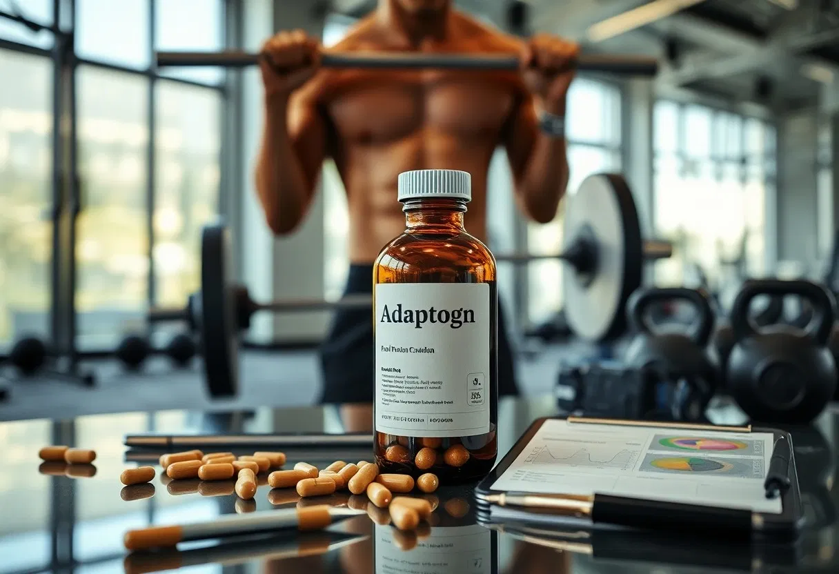 Eine Flasche mit der Aufschrift Adaptogen, um die herum Kapseln verstreut sind, steht auf einem Tisch im Fitnessstudio, daneben eine Fitnesstabelle, während eine Person ohne Hemd im unscharfen Hintergrund eine Langhantel hebt.