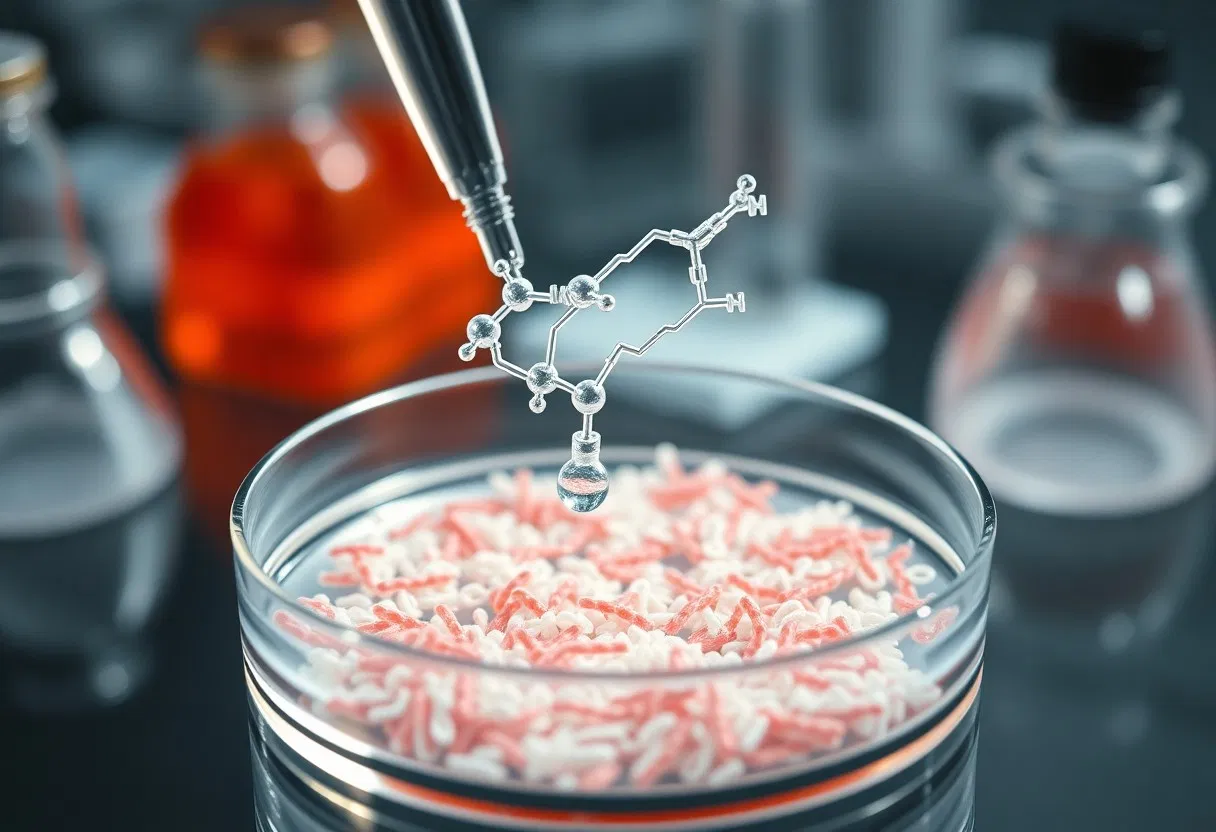 Eine Laborszene zeigt eine Petrischale mit rosa und weißen Kolonien, darüber eine Molekularstruktur, die von einer Pinzette gehalten wird, und im Hintergrund verschwommene Laborflaschen und Glasgeräte.