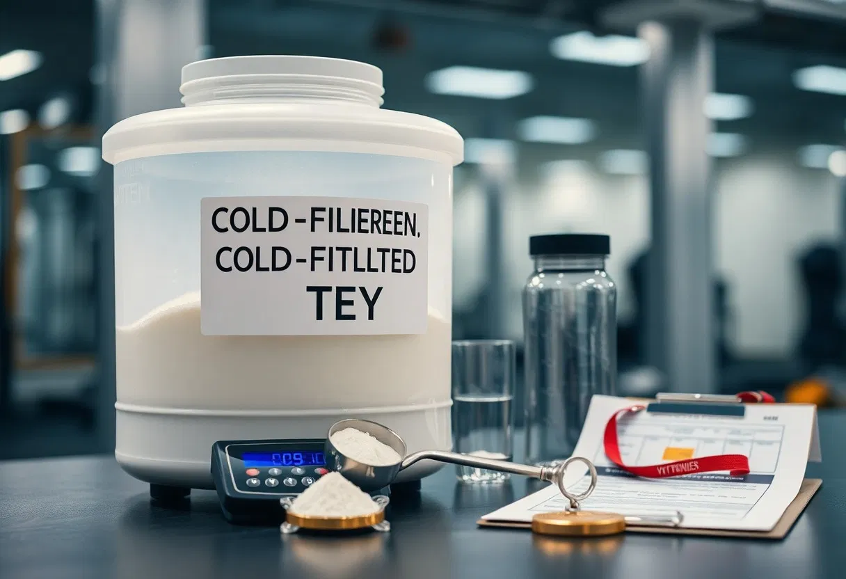 Ein großer Behälter mit der Aufschrift COLD-FILIEREEN, COLD-FITILTED TEY steht auf einem Turnhallentisch, daneben eine Schaufel mit weißem Pulver, eine Waage, eine Wasserflasche, ein Glas, Schlüssel und ein Klemmbrett mit Papierkram.