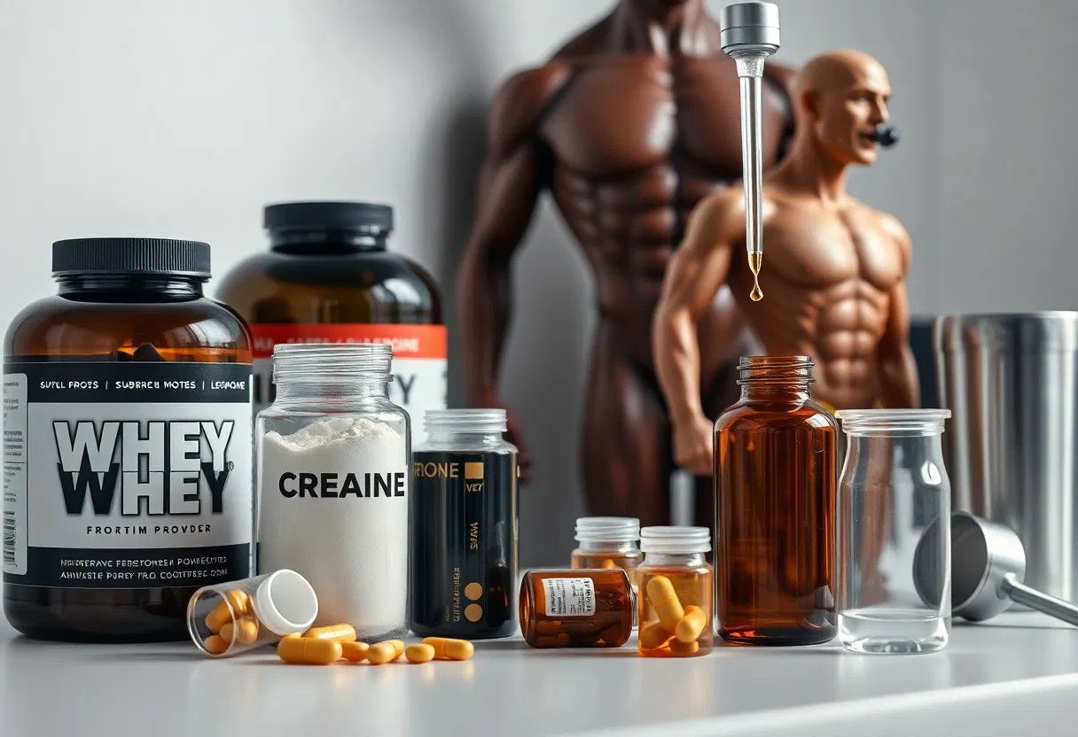 Verschiedene Nahrungsergänzungsmittel, darunter Molkenprotein, Kreatin und Pillenflaschen, sind auf einem Tisch angeordnet. Im Hintergrund sind eine muskulöse männliche Schaufensterpuppe und ein Metall-Shaker zu sehen. Ein Tropfer gibt Flüssigkeit in eine braune Flasche ab.