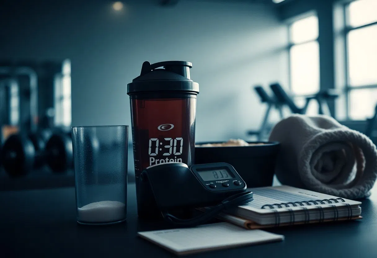 Ein Eiweißshaker, ein Glas mit Pulver, ein Blutdruckmessgerät, ein Notizblock, eine Schüssel und ein Handtuch sind auf einem Tisch im Fitnessstudio angeordnet, wobei die Trainingsgeräte und die Fenster im Hintergrund verschwimmen.