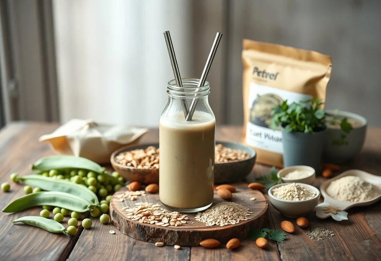 Eine Glasflasche mit pflanzlicher Milch und zwei Metallstrohhalmen steht auf einem Holzbrett, umgeben von Haferflocken, Mandeln, grünen Sojabohnen, Proteinpulver und einer Tüte mit der Aufschrift Plant Protein auf einem rustikalen Tisch.