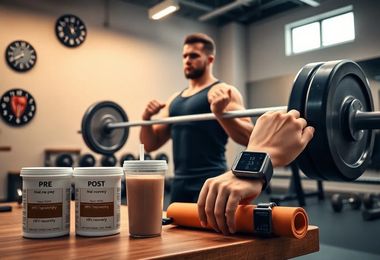 Ein Mann in einem Fitnessstudio stemmt eine Langhantel und trägt eine Smartwatch. Im Vordergrund stehen Behälter mit Nahrungsergänzungsmitteln vor und nach dem Training, ein Eiweißshake, eine Trainingsmatte und eine weitere Smartwatch auf einem Tisch. An der Wand sind Fitnessstudio-Uhren angebracht.
