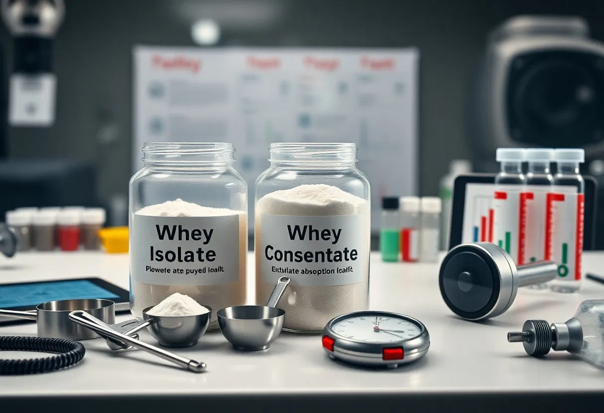 Zwei beschriftete Gläser mit Whey Isolate und Whey Consenate, gefüllt mit Proteinpulver, stehen auf einem Labortisch, umgeben von Messlöffeln, einem Timer, medizinischen Instrumenten, Reagenzgläsern und digitalen Geräten.
