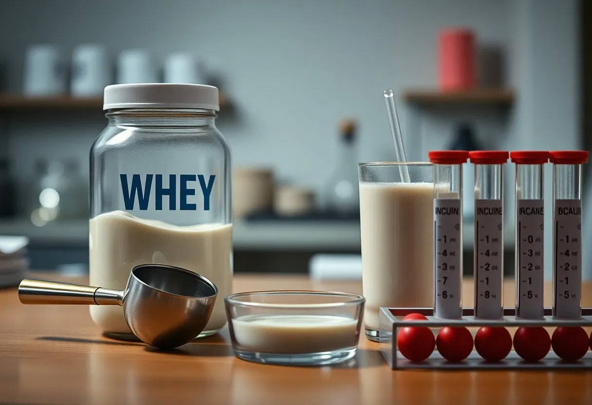 Ein Glas mit der Aufschrift Whey, eine Schaufel, eine kleine Schüssel und ein Glas mit einem cremigen Pulver stehen auf einem Tisch, daneben Reagenzgläser mit roten Deckeln, auf denen Nährwertangaben stehen.